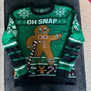 Ugly Christmas Sweater Green and Black Crew Neck with Gingerbread Motifs